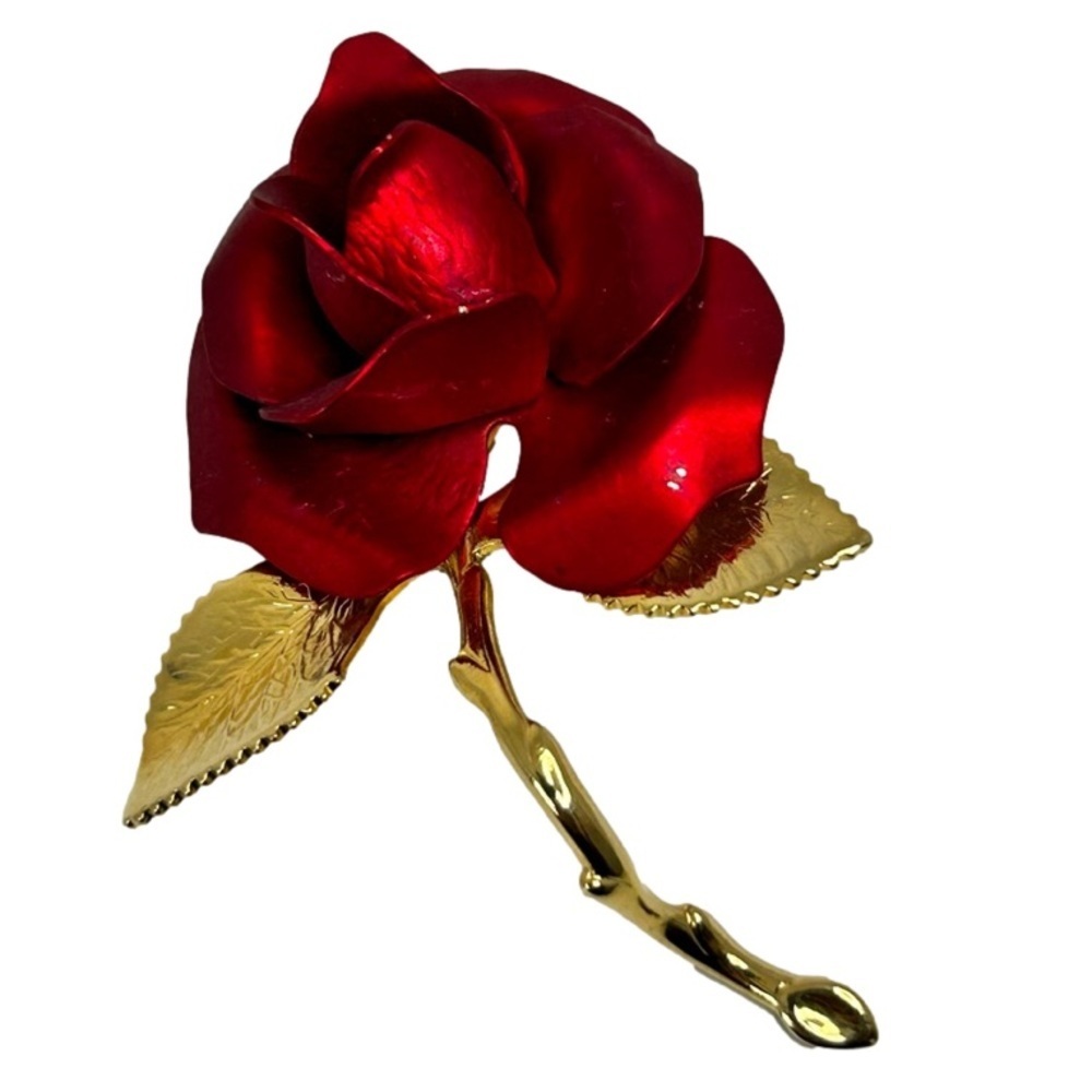 Vintage Marked USA  Satin Red Rose Gold Tone Brooch Pin